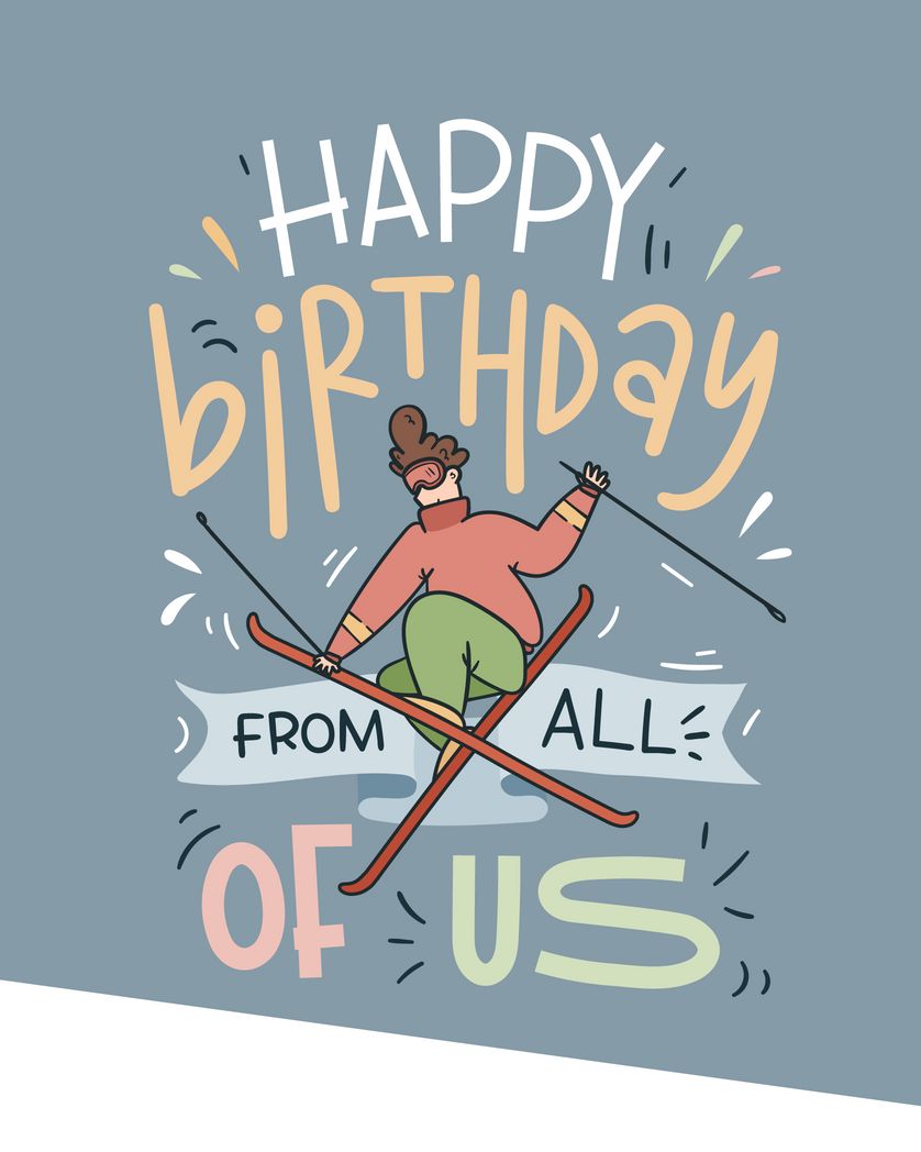 Card design "Happy birthday from all of us skiing themed card"