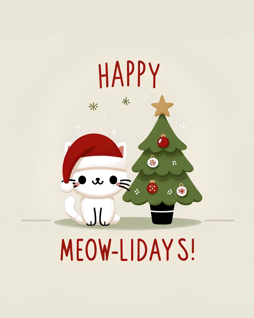 Card design "Funny cat pun christmas card - happy meowlidays"