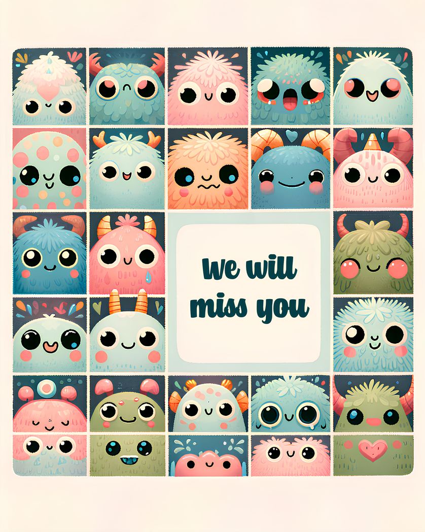 Card design "Cute we will miss you monsters - group farewell card"
