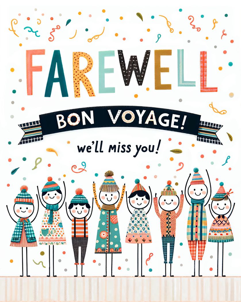 Card design "Farewell, bon voyage, we'll miss you - group leaving card"
