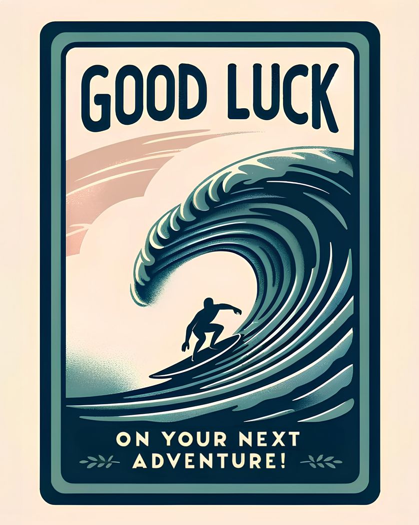 Card design "Good luck on your next adventure - surfing leaving card"