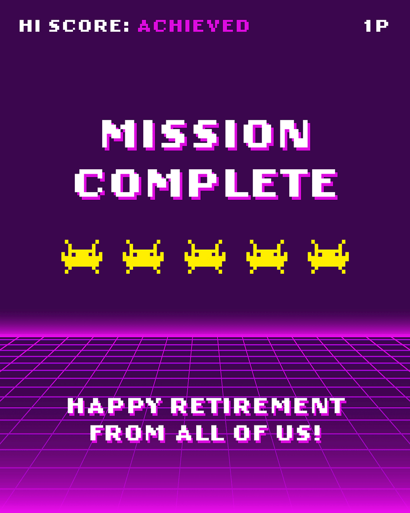 Card design "Space Invaders - Retirement"