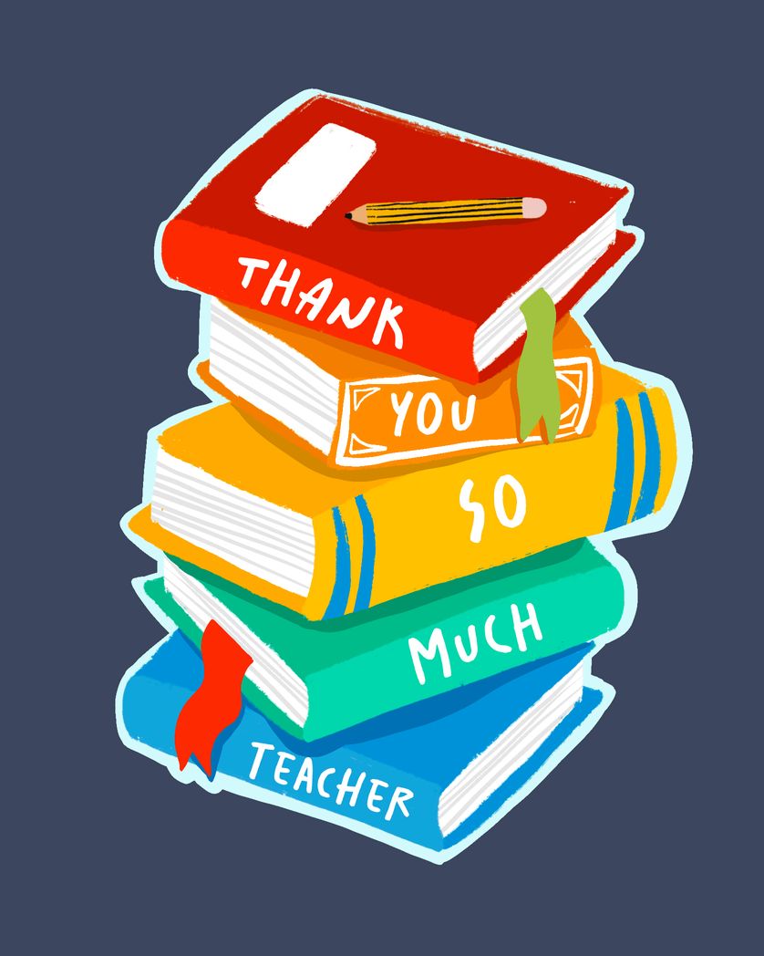 Card design "Stacked school books Thank you Teacher"