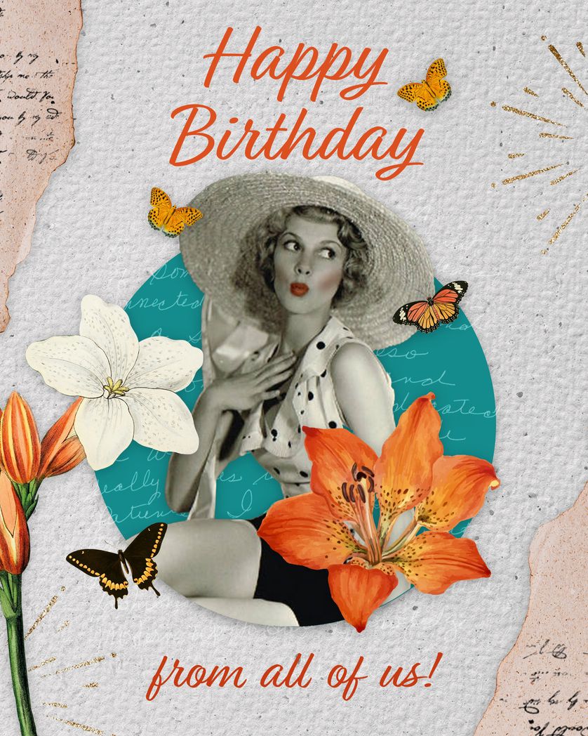Card design "Vintage collage birthday card - group ecard"
