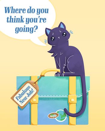 Use Sad cat on suitcase - group leaving card