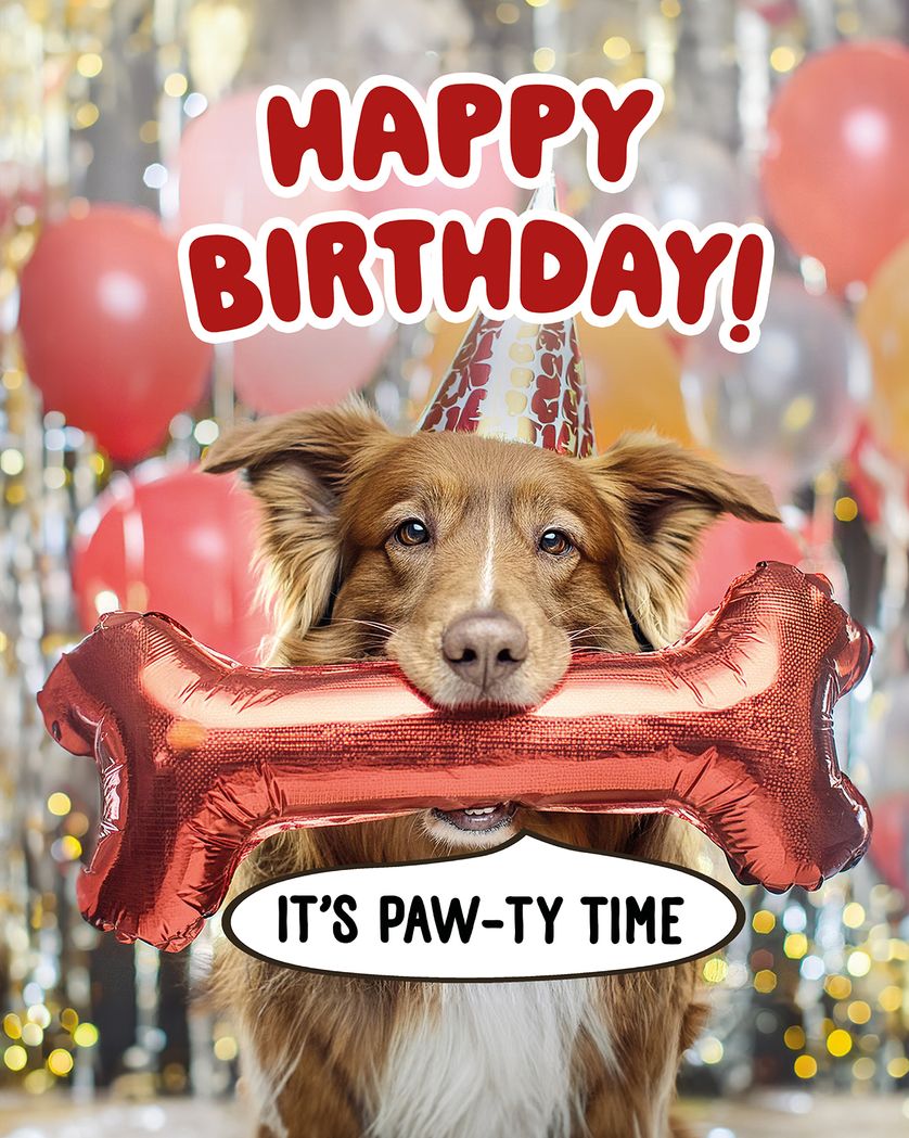 Card design "Party Dog with balloon bone - Group birthday card"