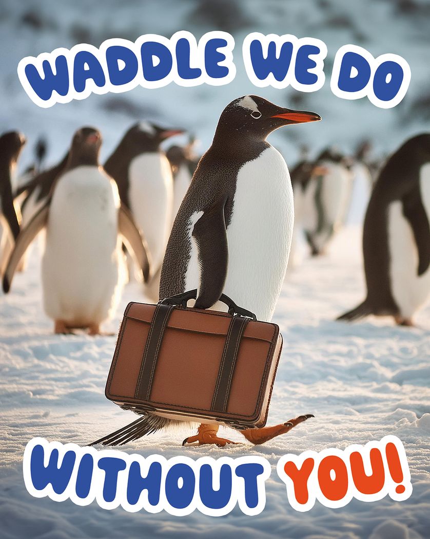 Card design "Penguin with suitcase - Group leaving ecard"