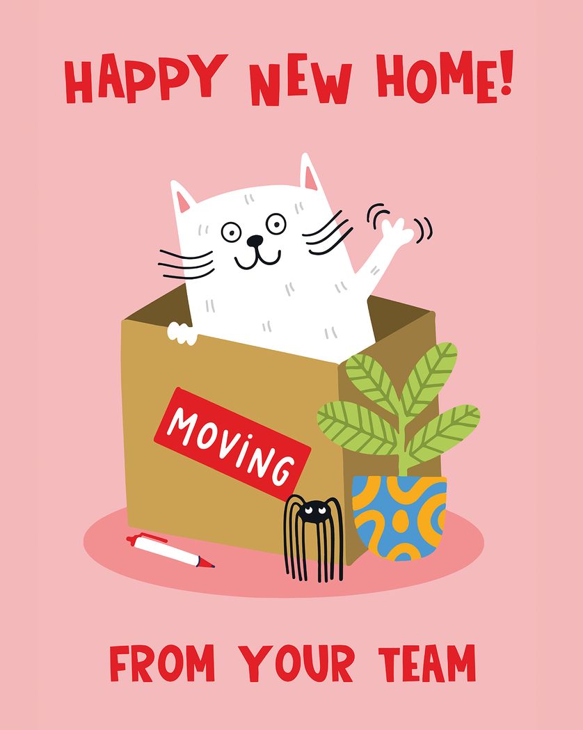 Card design "Cat in a box - group New Home card"