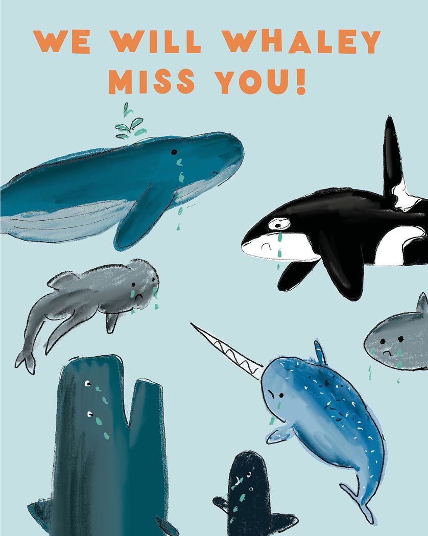 Card design "sad whales - group leaving ecard"