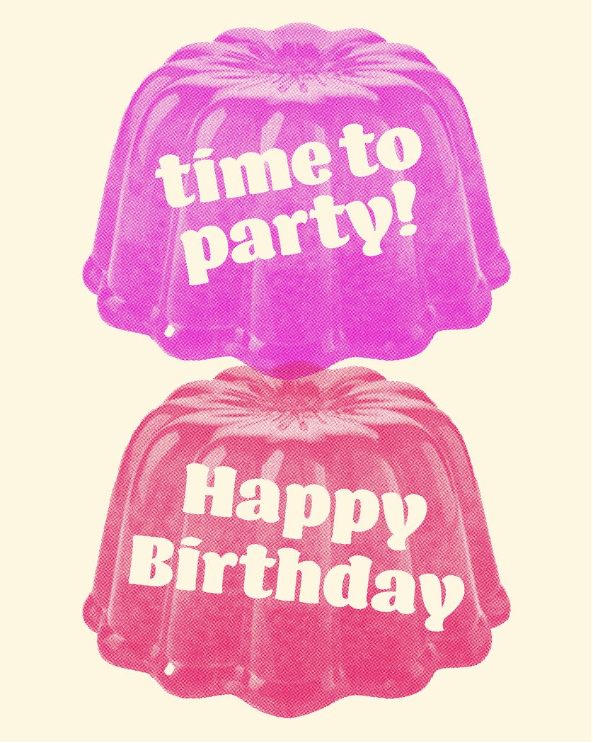 Card design "Kids party jelly retro group birthday ecard"