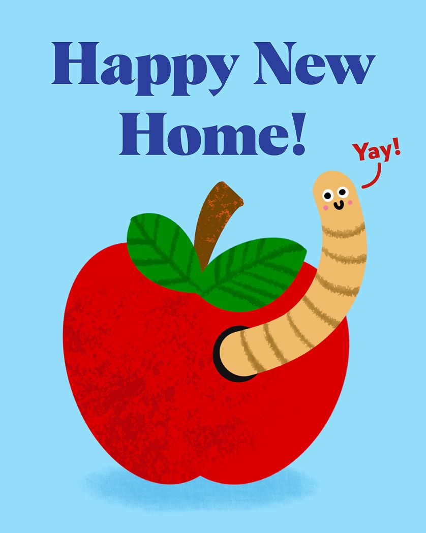 Card design "Worm in an apple - group New Home ecard"