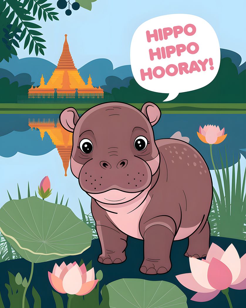 Card design "Moo Deng pygmy hippo group birthday ecard"