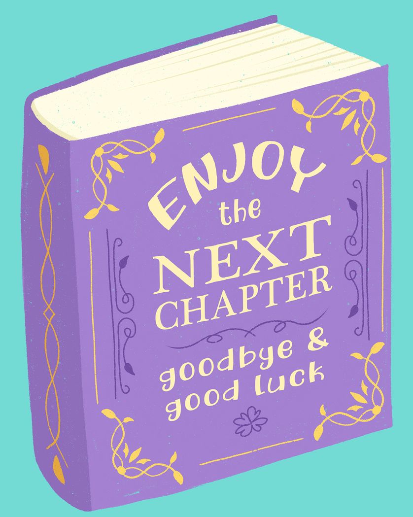 Card design "next chapter - group leaving ecard"