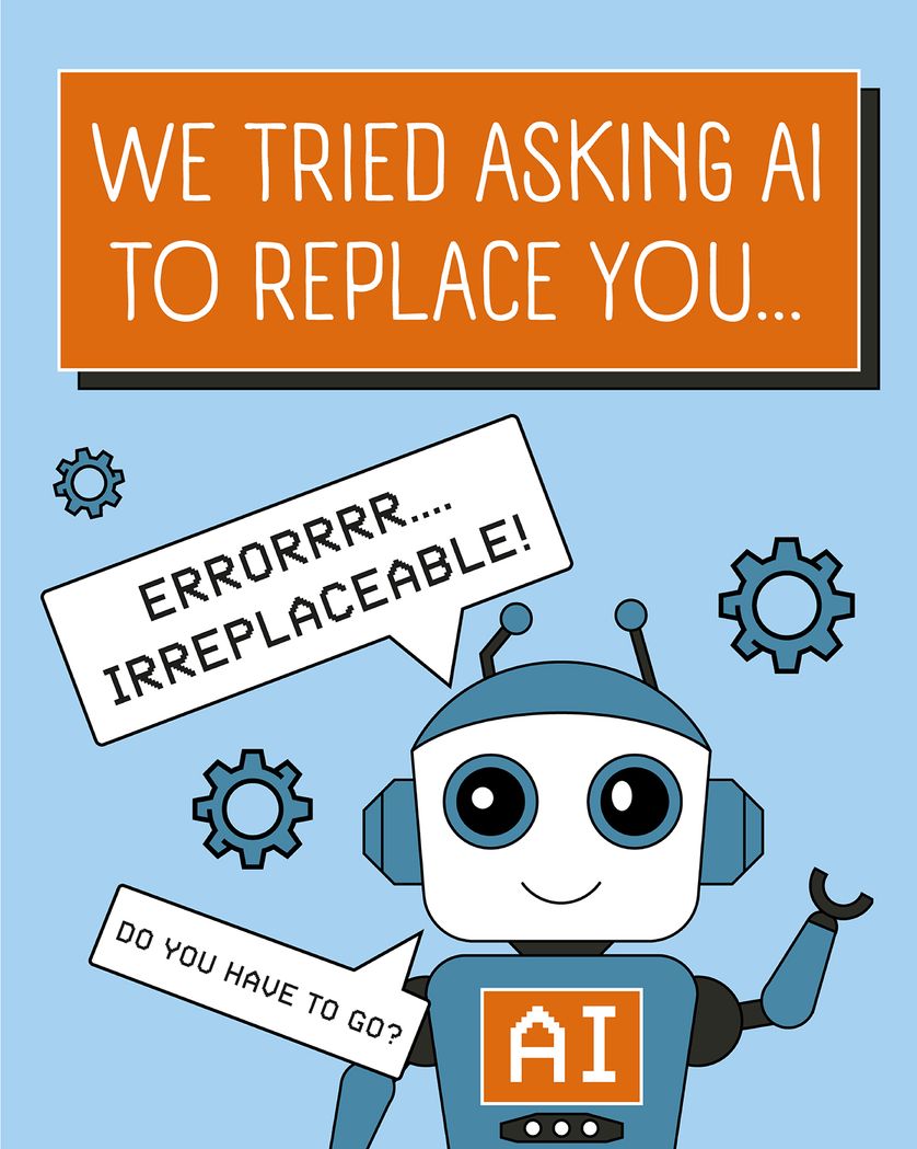 Card design "AI can't replace you - group leaving ecard"