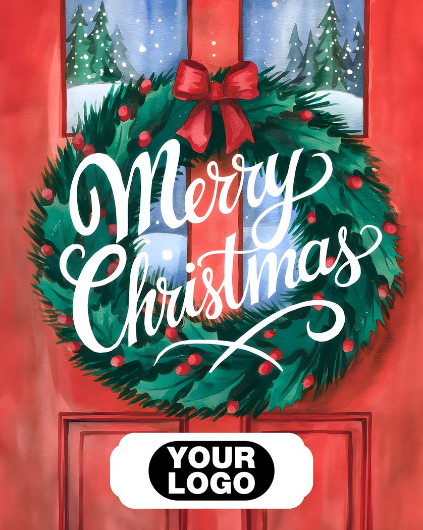 Card design "Wreath on door - personalised group company xmas card"