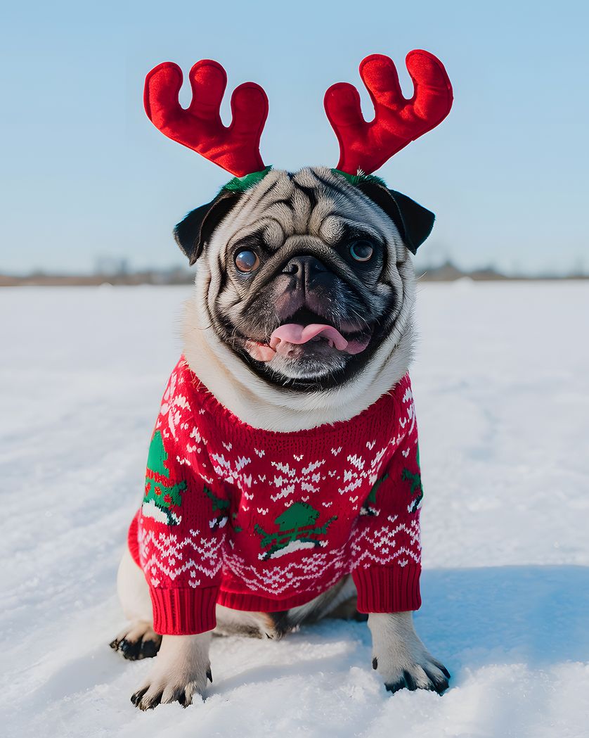 Card design "Reindeer pug - group Christmas ecard"