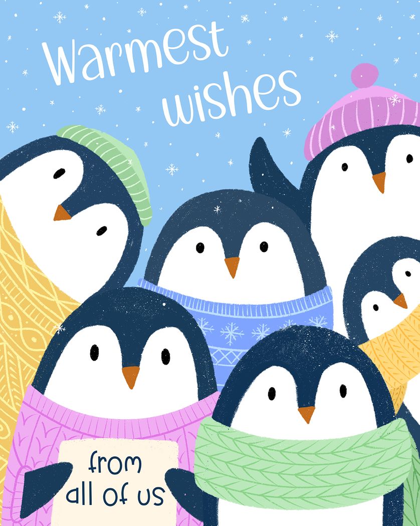 Card design "Cosy penguins - group Christmas ecard"