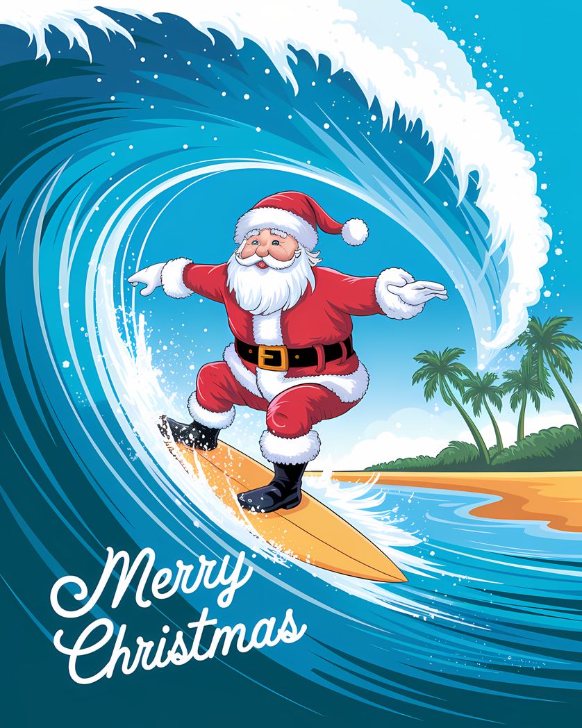 Card design "Merry Christmas Surfing Santa"