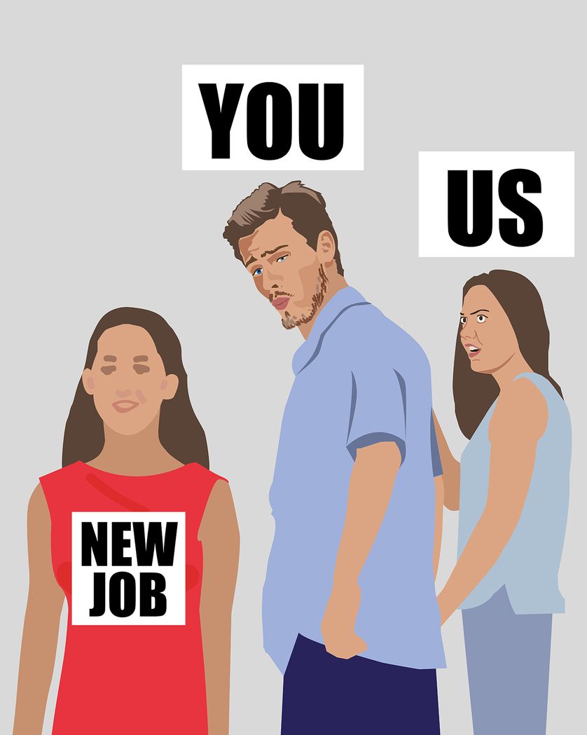 Card design "Distracted Boyfriend Meme - Group leaving ecard"