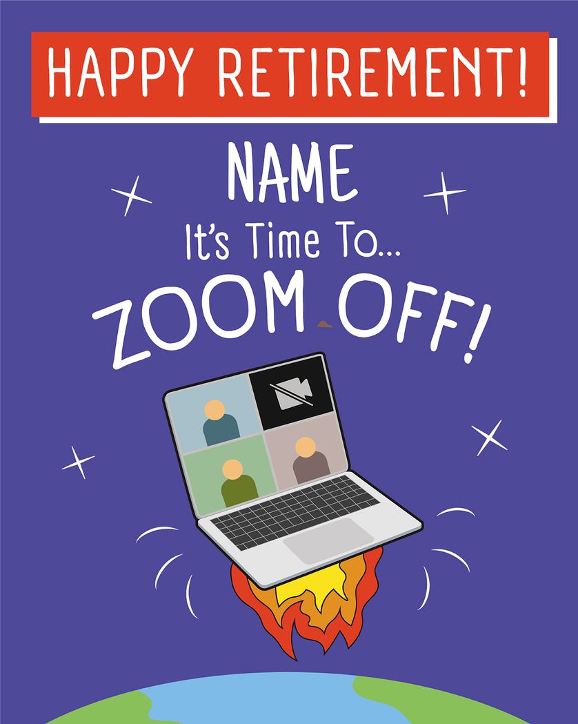 Card design "Zooming off - group retirement ecard"