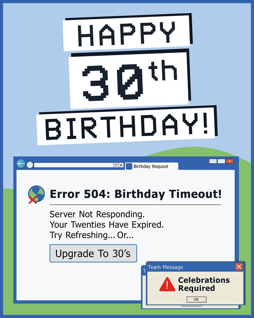 Card design "Error 504 - Group 30th birthday ecard"