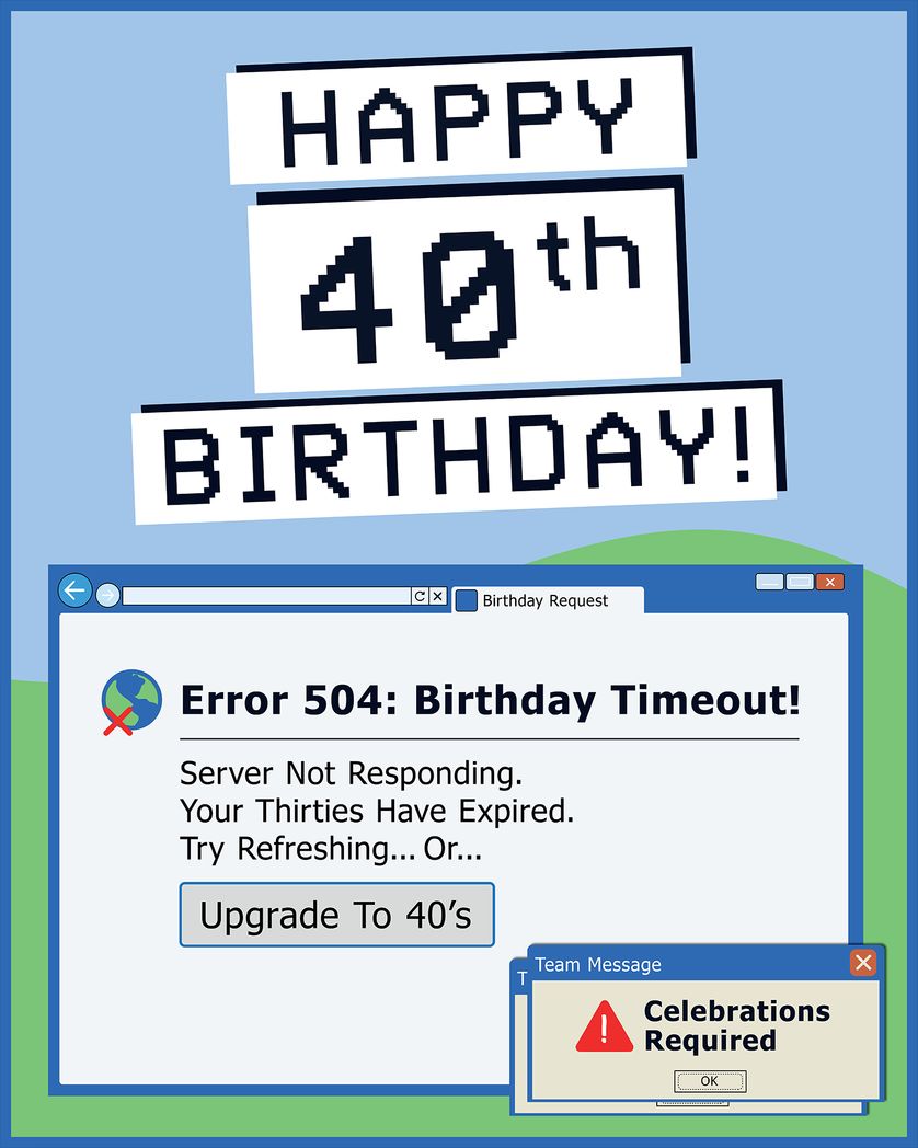 Card design "$0th Birthday error 504 - group birthday ecard"