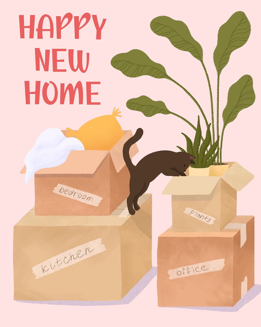Card design "Cat in the box - group new home ecard"