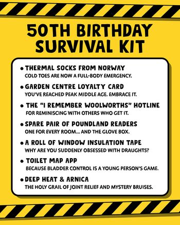 Use Birthday Survival Kit - group 50th ecard