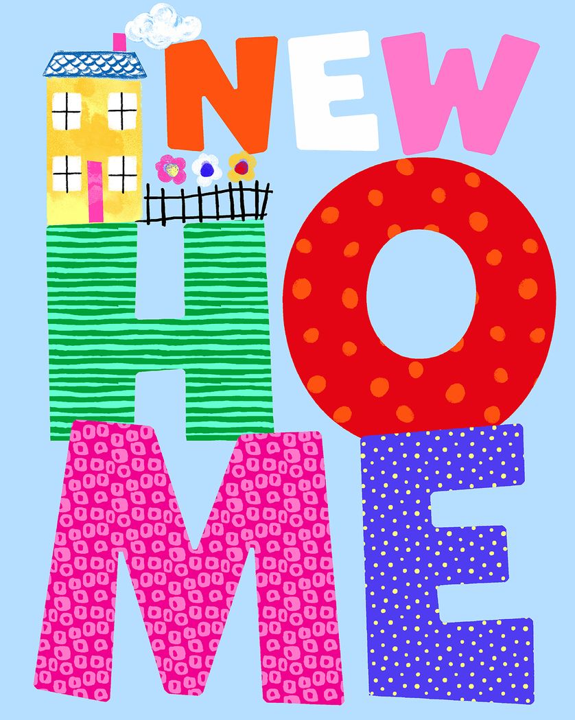 Card design "Big words small house - group new home ecard"