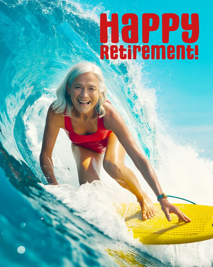 Card design "Surfin' into retirement - AI group ecard"
