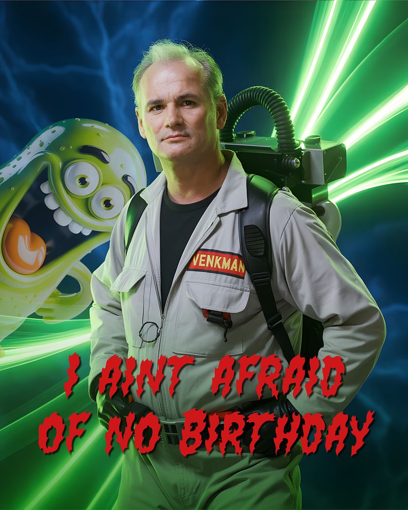 Card design "Who you gonna call - AI group Birthday ecard"