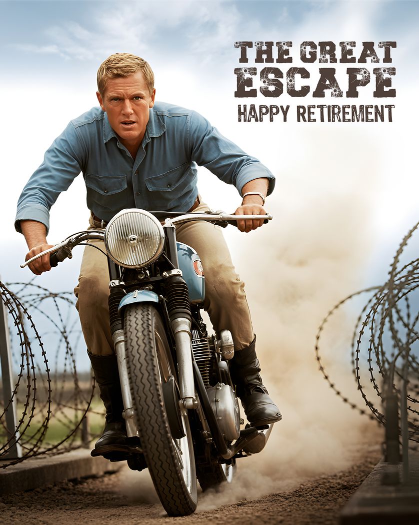 Card design "The big Escape - AI group retirement ecard"