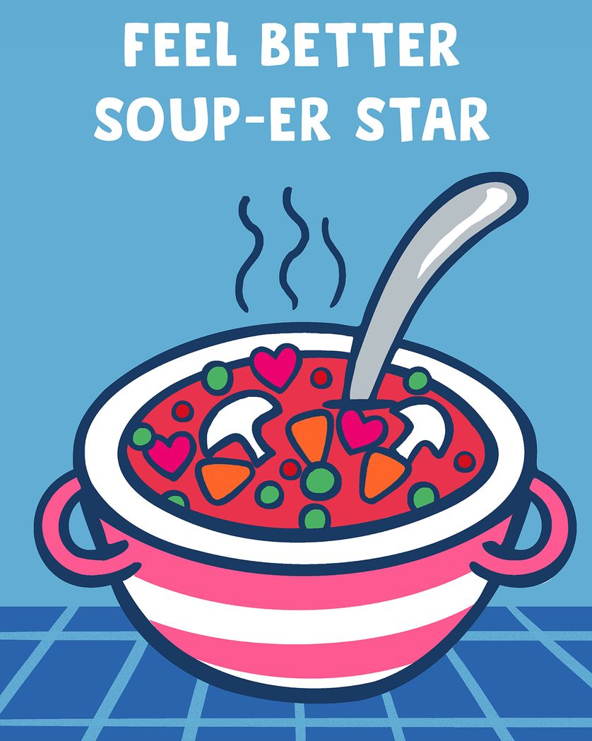 Card design "Super soup - group get well ecard"