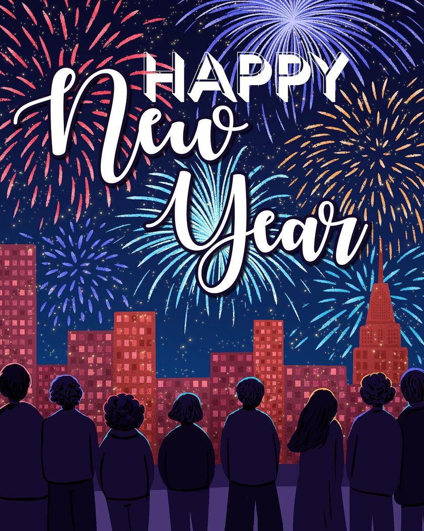 Card design "Fireworks - group New Year ecard"