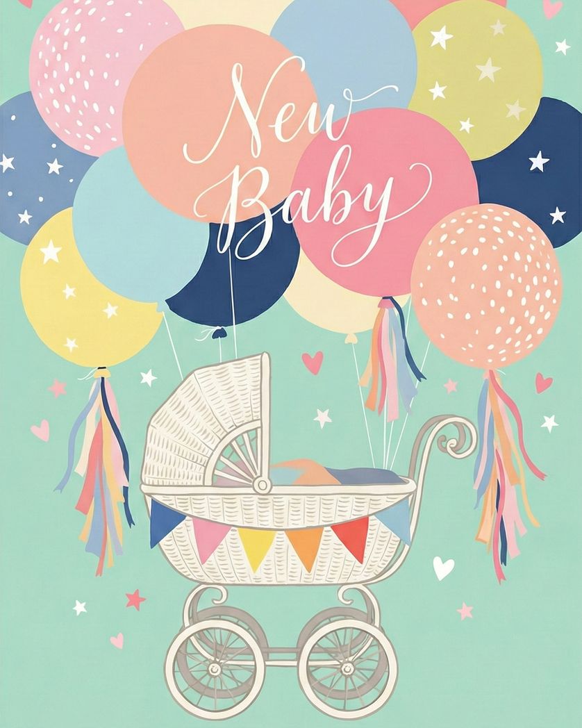 Card design "Balloon bassinet - group baby ecard"