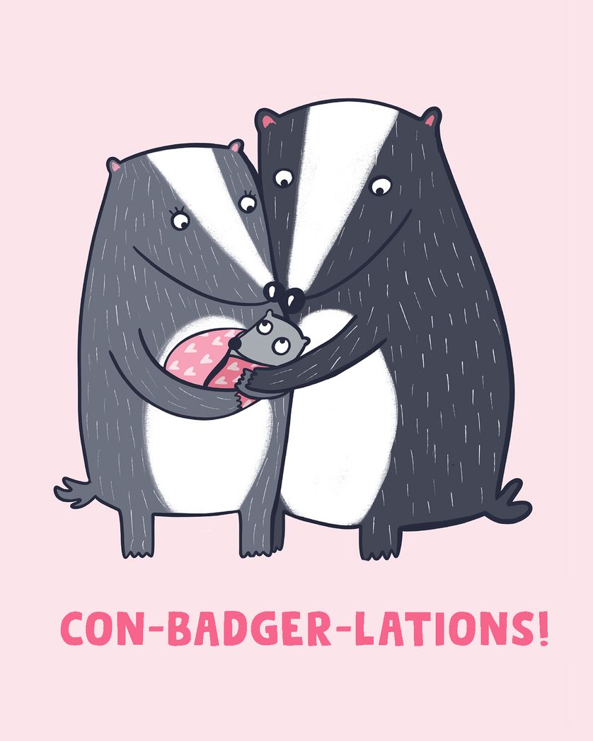 Card design "Con-badger-lations - group baby ecard"