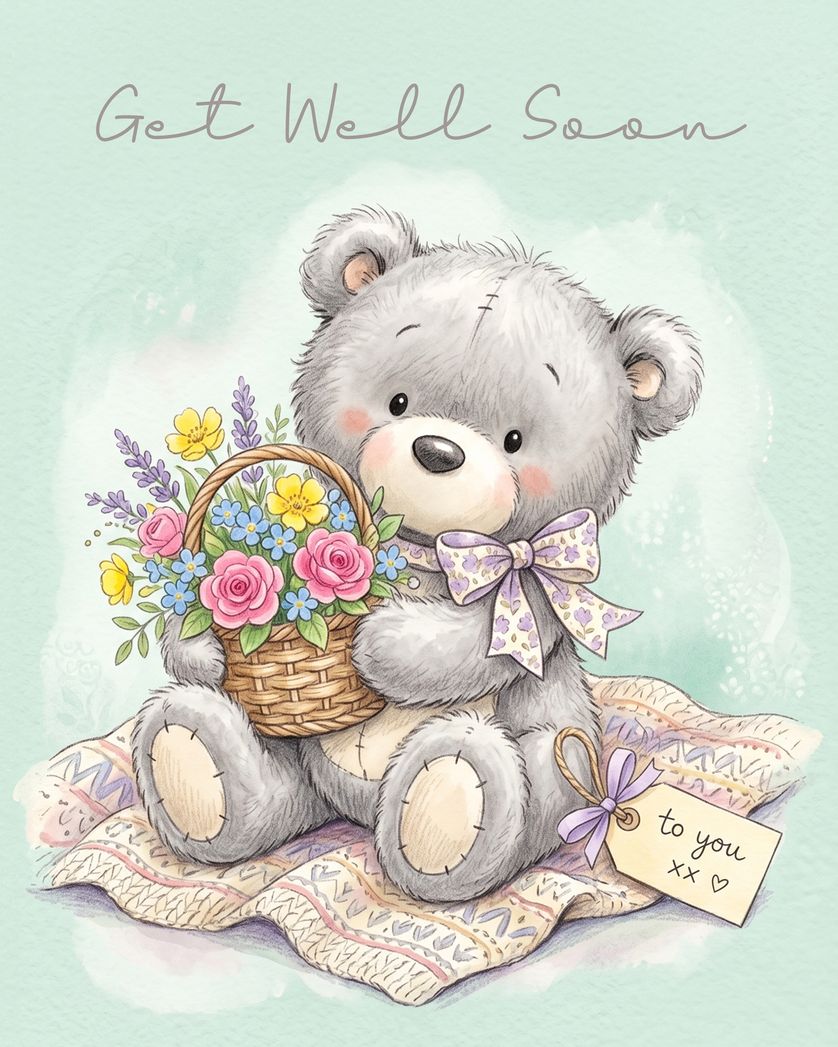 Card design "Grey bear basket - group get well ecard"