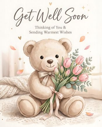 Use Teddy with tulips - group get-well ecard