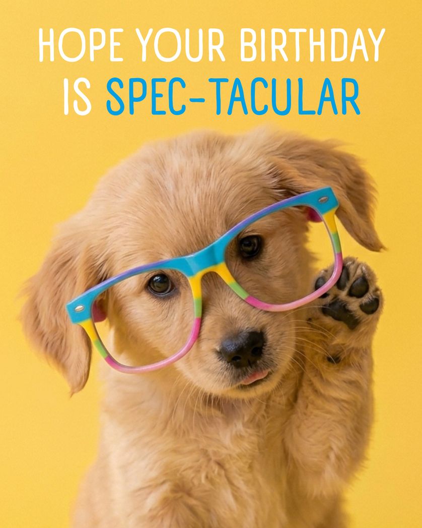 Card design "Glasses pup - group birthday ecard"