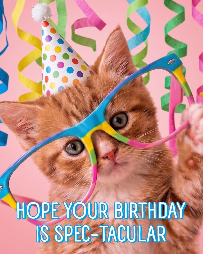 Card design "Glasses kitty - group birthday ecard"