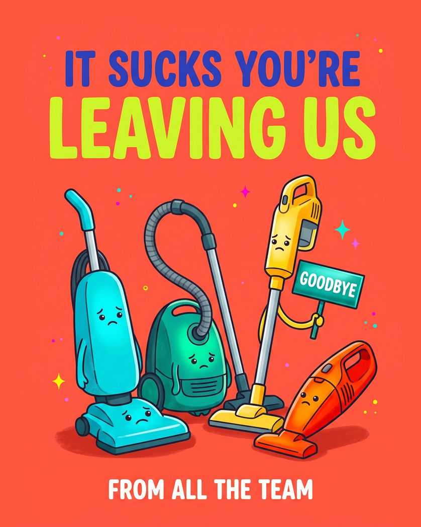 Card design "Hoovering up tears - group leaving ecard"