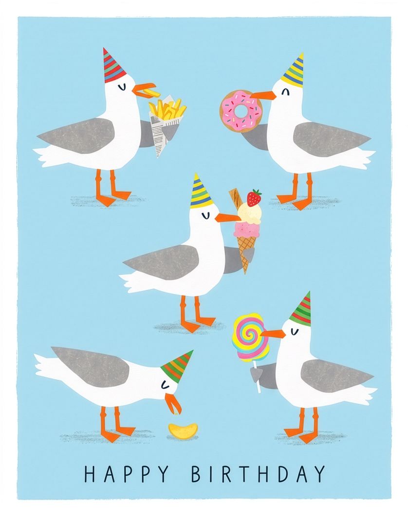 Card design "Gull Party - group birthday ecard"
