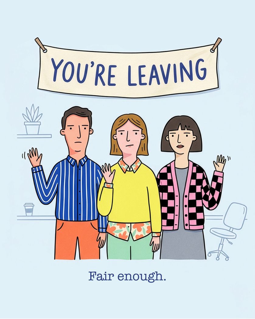 Card design "Deadpan leaver - group leaving ecard"