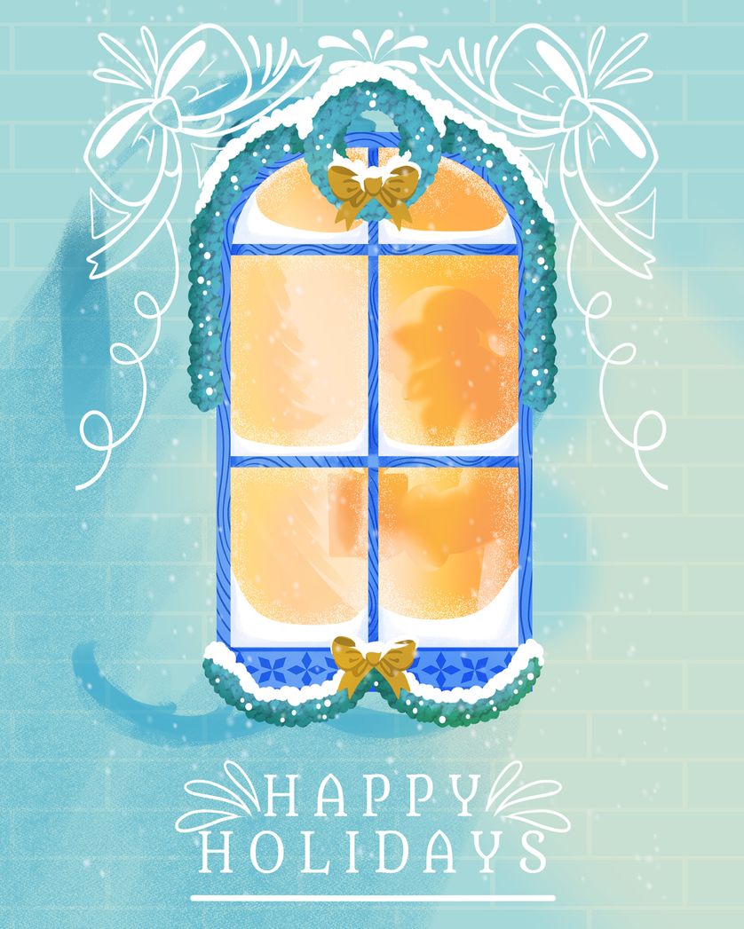 Card design "Frosty window - group christmas ecard"