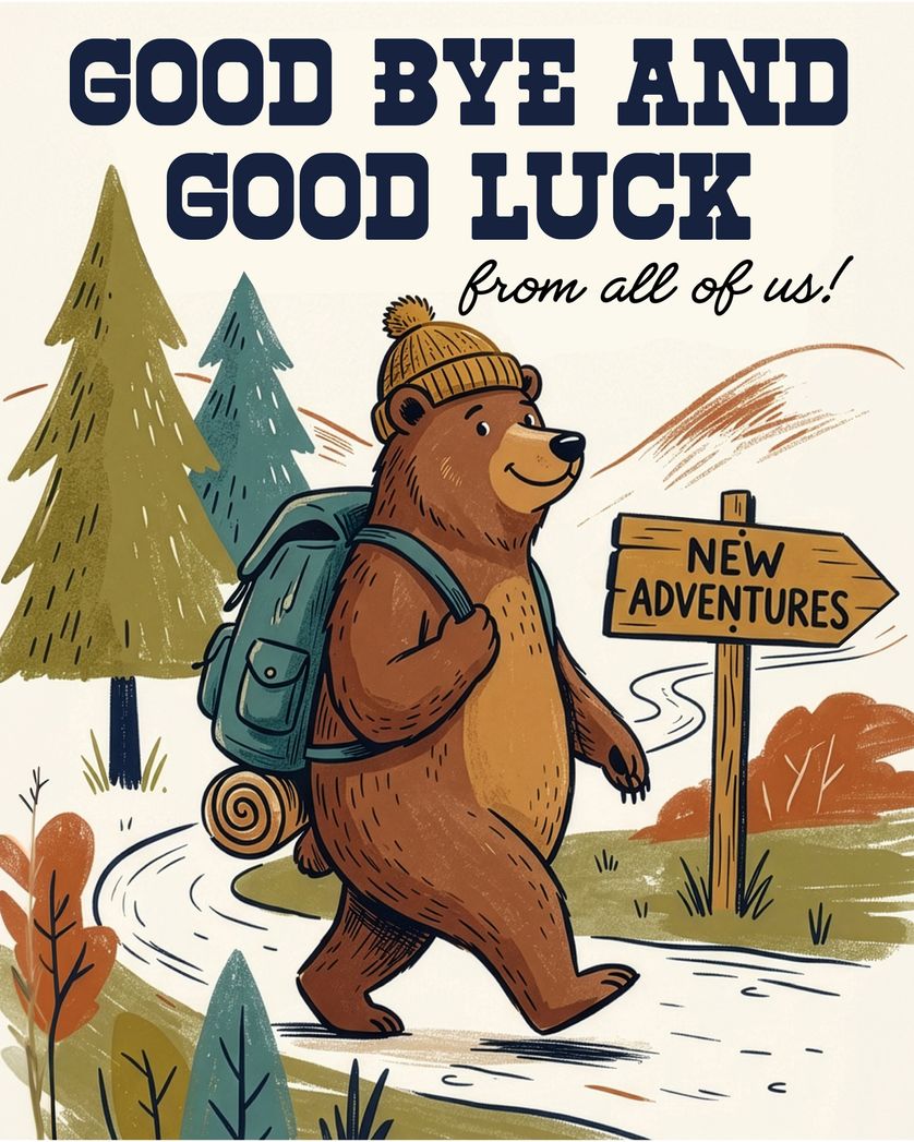 Card design "Bear adventure - group leaving ecard"