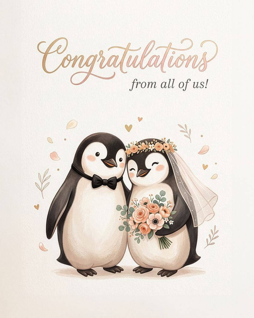 Card design "Penguin love - group wedding ecard"